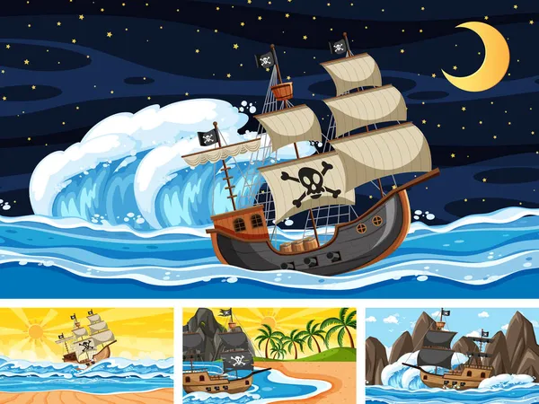 Conjunto Cenas Oceano Diferentes Momentos Com Navio Pirata Ilustração Estilo — Vetor de Stock