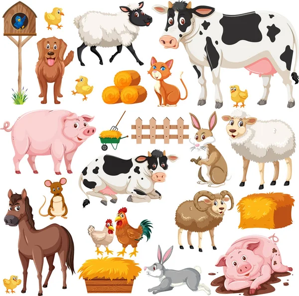 Zökkenőmentes Minta Aranyos Farm Állatok Rajzfilm Karakter Illusztráció — Stock Vector