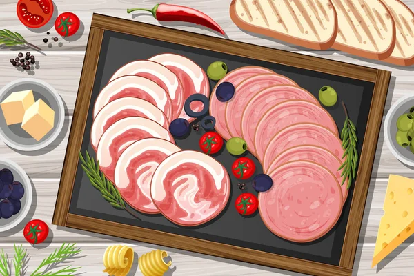Platou Carne Rece Carne Afumată Tabel Ilustrație Fundal — Vector de stoc