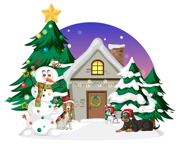 Animali Piedi Fronte Alla Casa Inverno Tema Natale Illustrazione — Vettoriale Stock