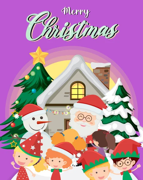 Buon Natale Modello Poster Con Babbo Natale Bambini Illustrazione — Vettoriale Stock