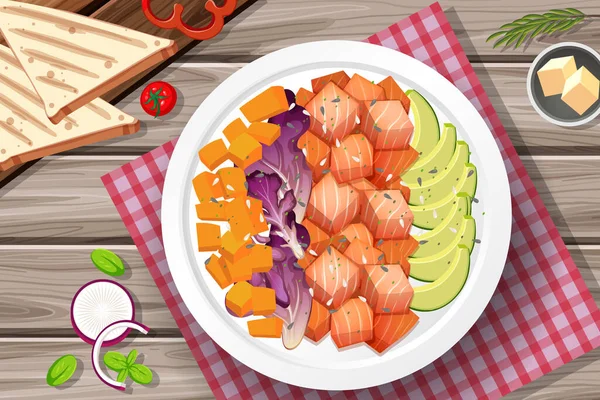 Somon Salatası Masadaki Çizimler — Stok Vektör