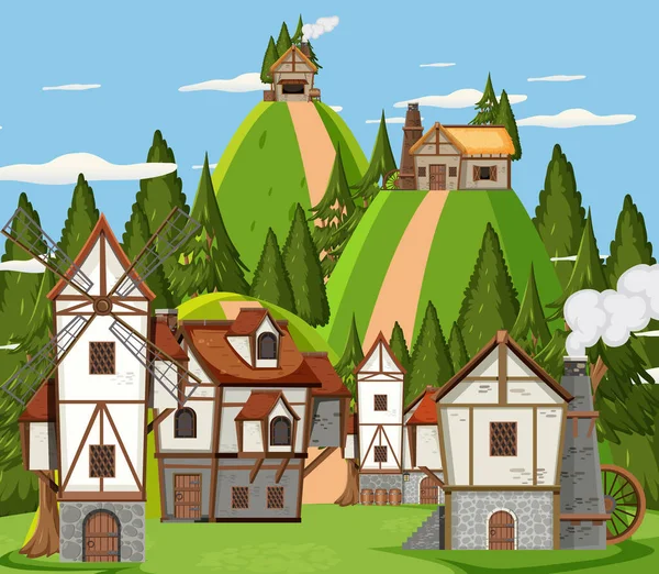 Średniowieczna Scena Miasta Wiatrakiem Domy Ilustracja — Wektor stockowy