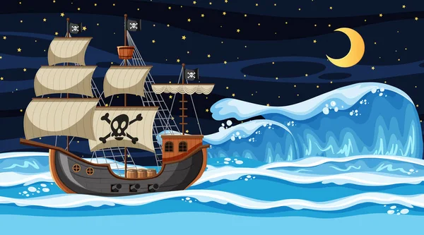 Ozeanszene Bei Nacht Mit Piratenschiff Cartoon Stil — Stockvektor