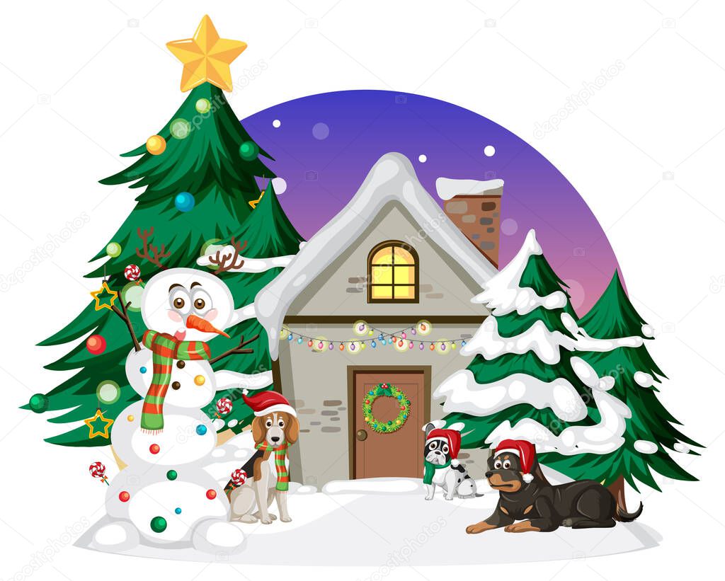 Animals standing in front of winter house in Christmas theme illustration
