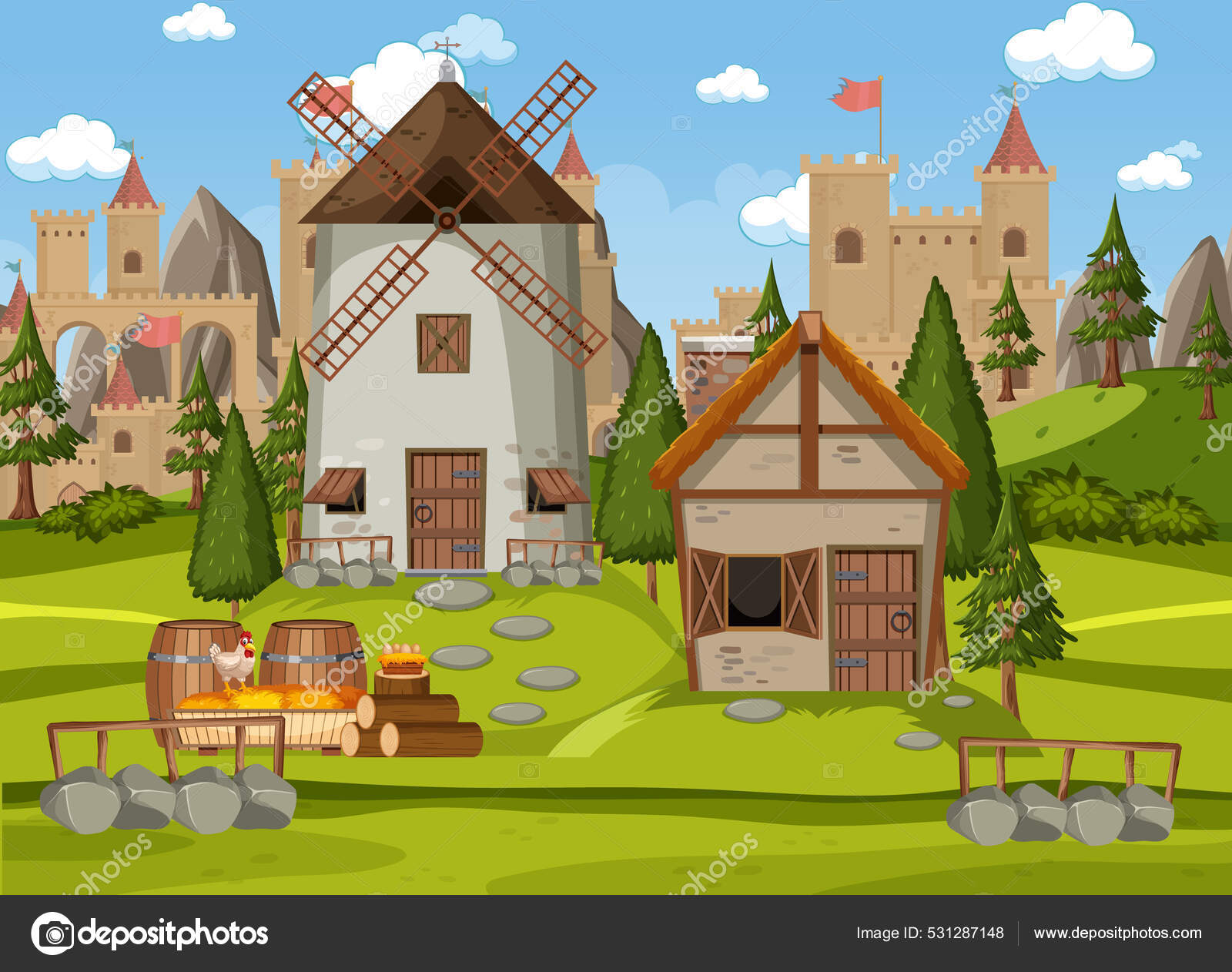 Casa Medieval Com Ilustração De Moinho De Vento E Aldeões Royalty