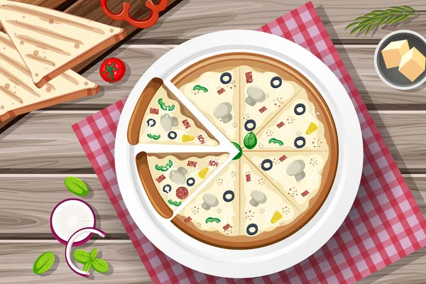 Ovanifrån Ost Pizza Trä Bord Illustration — Stock vektor