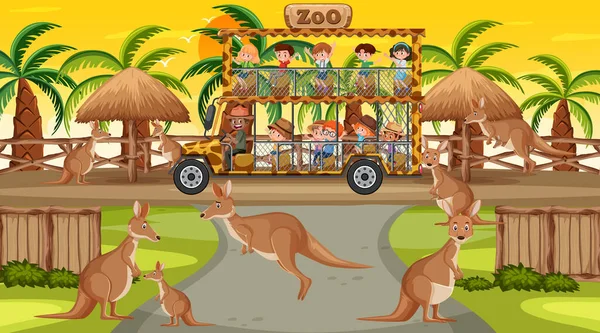Safari Atardecer Con Muchos Niños Viendo Ilustraciones Grupos Canguros — Archivo Imágenes Vectoriales