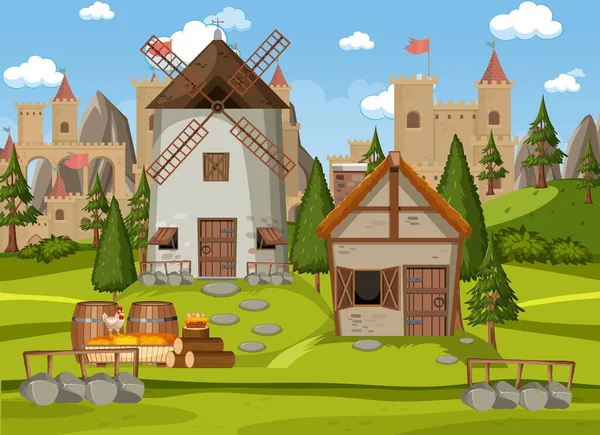 Mittelalterliches Stadtbild Mit Windmühle Und Scheunenillustration — Stockvektor