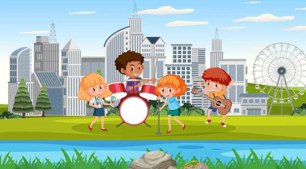Szene Mit Vielen Kindern Die Park Musikinstrumente Spielen Illustration — Stockvektor