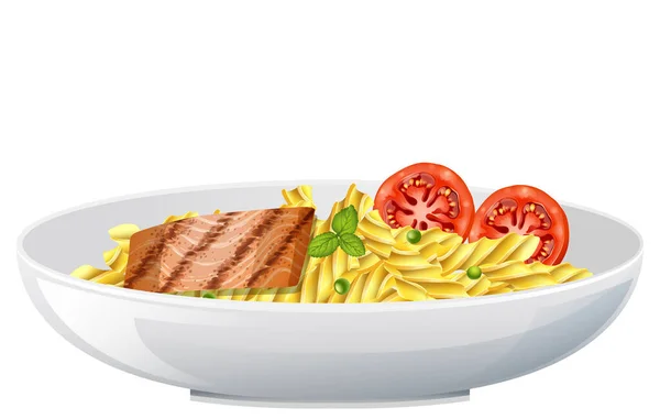 Massa Fusilli Com Bife Peixe Tomate Ilustração — Vetor de Stock