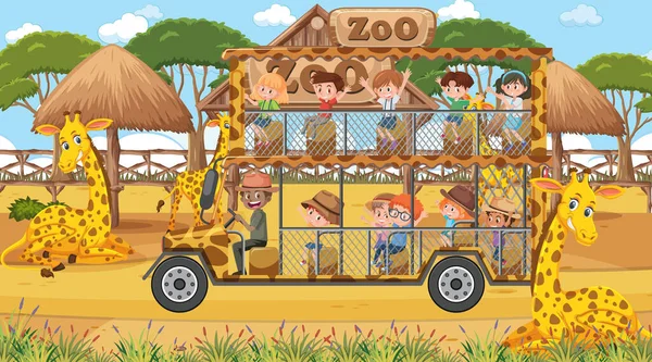 Safari Escena Diurna Con Niños Viendo Ilustración Del Grupo Jirafas — Archivo Imágenes Vectoriales