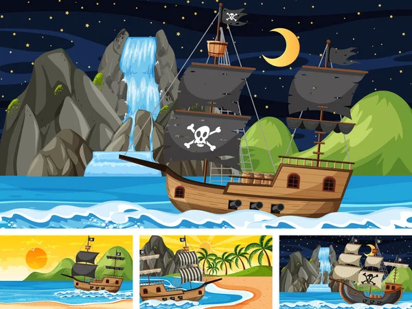 Conjunto Diferentes Cenas Praia Com Ilustração Navio Pirata — Vetor de Stock