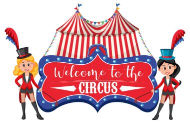 Sihirbaz çizgi film karakteri illüstrasyonuyla sirk afişine hoş geldiniz.