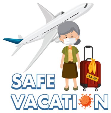 Seyahat etmeye hazır yaşlı bir kadınla güvenli bir tatil logosu.