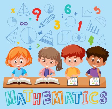 Matematik sembolü ve ikon illüstrasyonuyla matematik öğrenen çocuklar