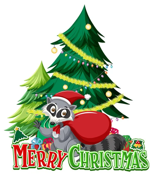 Merry Christmas Text Logo Christmas Tree Cute Raccoon Illustration — Stock Vector