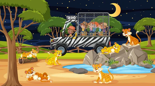 Safari Escena Nocturna Con Muchos Niños Viendo Ilustración Grupo Leopardo — Archivo Imágenes Vectoriales