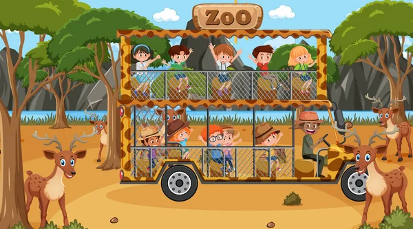 Safari Escena Diurna Con Niños Viendo Ilustración Grupo Ciervos — Archivo Imágenes Vectoriales