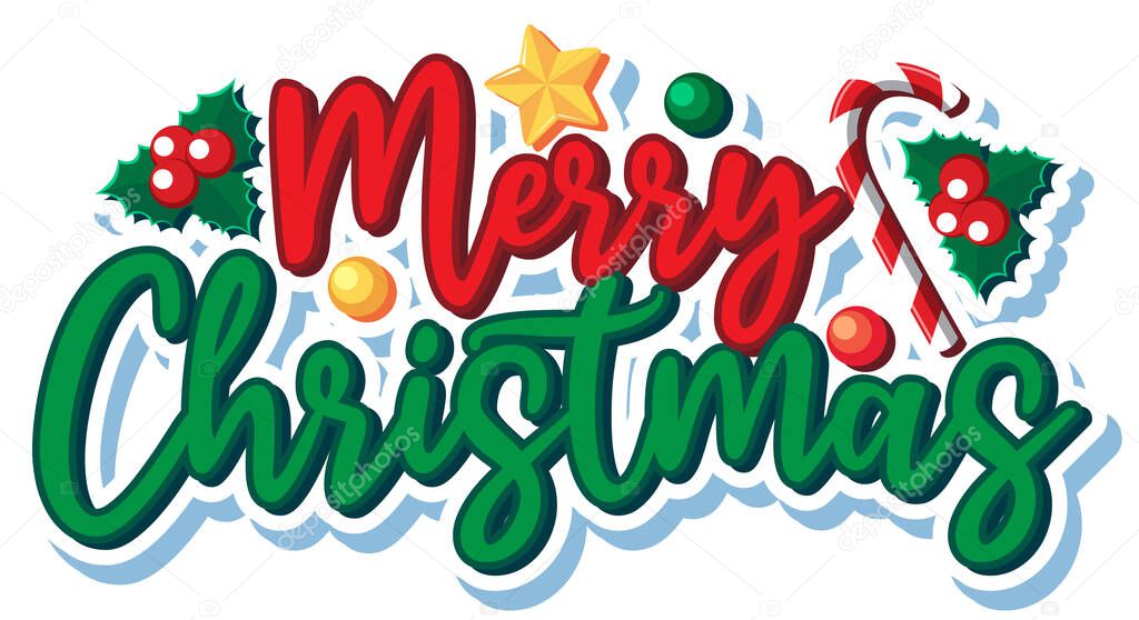 Merry Christmas logo banner with holly  illustration