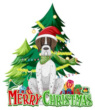 Noel ağacı ve şirin köpek resimli Mutlu Noeller metin logosu