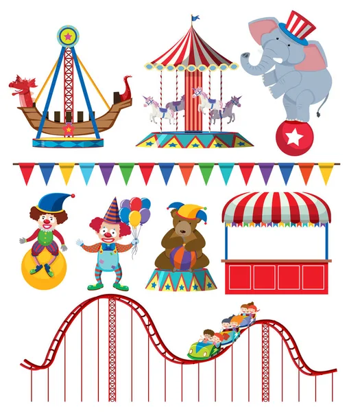 Conjunto Elementos Del Parque Atracciones Ilustración Aislada — Vector de stock