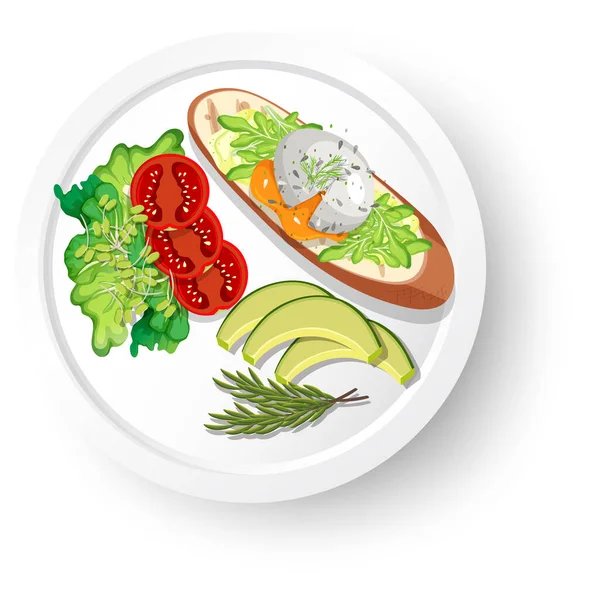 野菜と揚げ卵とパンのイラストと健康的な朝食 — ストックベクタ