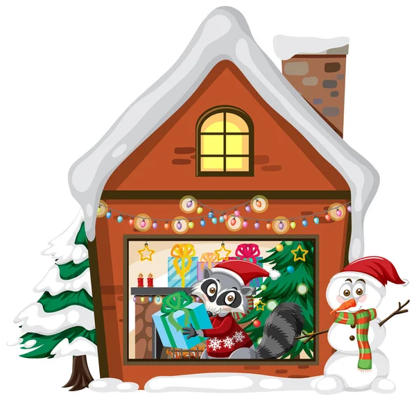 Wasbeer Wonen Winter Huis Kerstmis Thema Illustratie — Stockvector