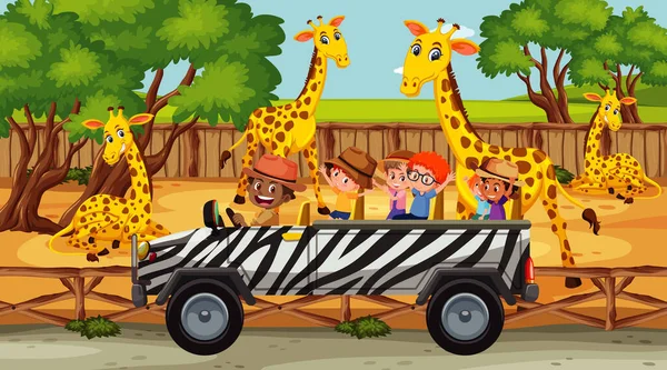 Safari Cena Com Muitas Girafas Crianças Ilustração Carro Turístico —  Vetores de Stock