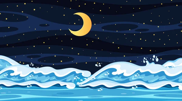 Paisaje Playa Escena Nocturna Con Ilustración Olas Oceánicas — Vector de stock