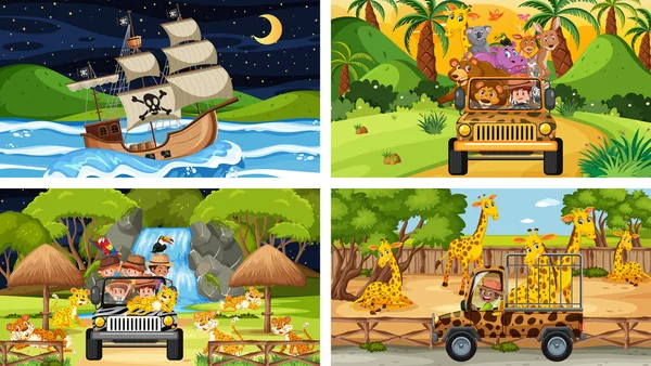 Conjunto Diferentes Escenas Con Animales Zoológico Barco Pirata Mar Ilustración — Archivo Imágenes Vectoriales