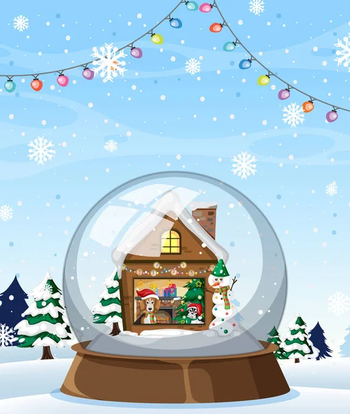 Winter House Snowman Snowdome Illustration — Stock Vector