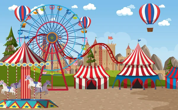 Escena Del Parque Atracciones Con Noria Cúpula Circo Ilustración — Archivo Imágenes Vectoriales