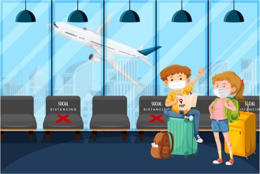 Havaalanı illüstrasyonunda kamu oturma düzenlemeleri ile sosyal uzaklık