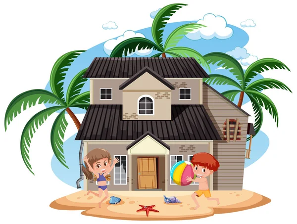 Junge Und Mädchen Spielen Vor Altem Haus Strand Illustration — Stockvektor