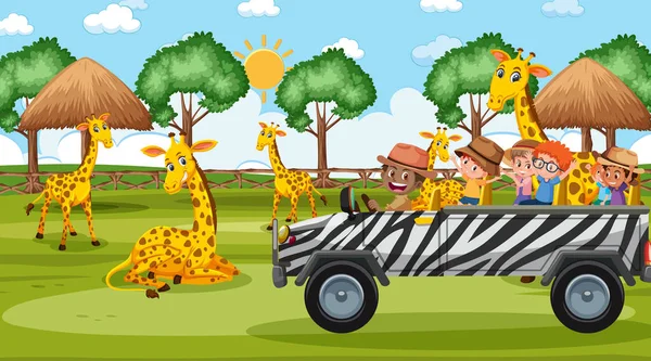 Safari Sur Scène Jour Avec Des Enfants Regardant Girafe Illustration — Image vectorielle