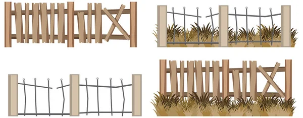 Conjunto Diferentes Cercas Dilapidadas Ilustração — Vetor de Stock