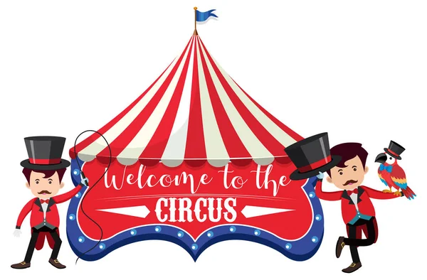 Vítejte Cirkusovém Banneru Kreslenou Kreslenou Postavičkou Kouzelníka — Stockový vektor