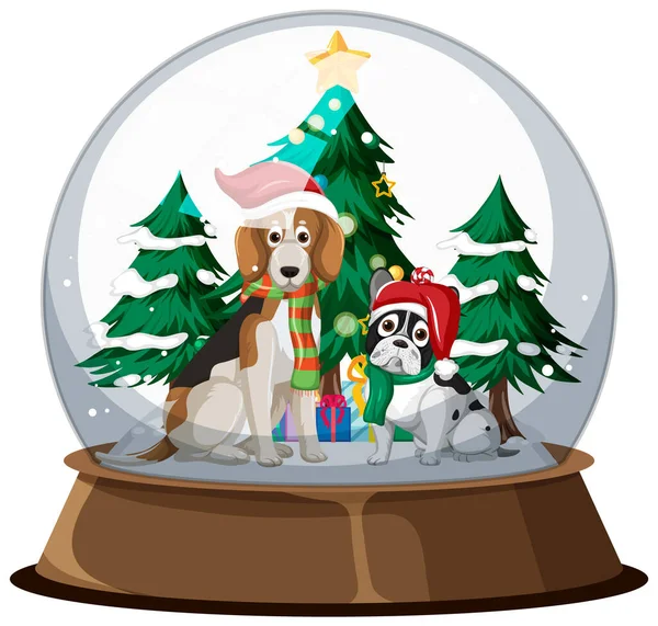 Weihnachten Hunde Schneekugel Auf Weißem Hintergrund Illustration — Stockvektor