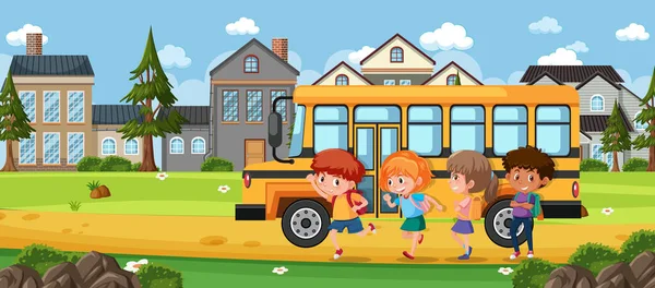 Barn Som Går Till Skolan Med Buss Illustration — Stock vektor