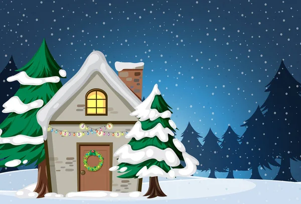 Christmas Background Snow House Night Illustration — Stock Vector