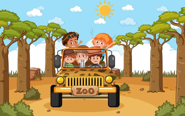 Niños Coche Turístico Explorar Escena Del Zoológico Ilustración — Vector de stock