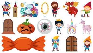 İzole edilmiş çizgi film karakterleri ve nesneler çizimi