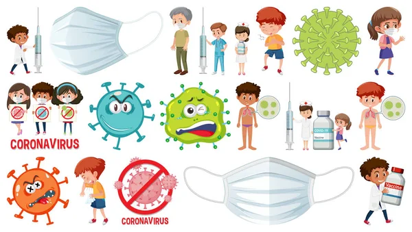 Personagem Desenhos Animados Vacinação Com Coronavírus Objetos Isolados Ilustração — Vetor de Stock