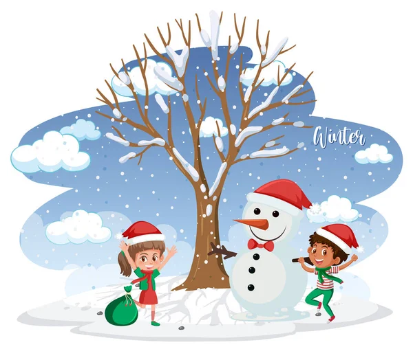 Fundo Isolado Temporada Inverno Com Crianças Boneco Neve Ilustração — Vetor de Stock