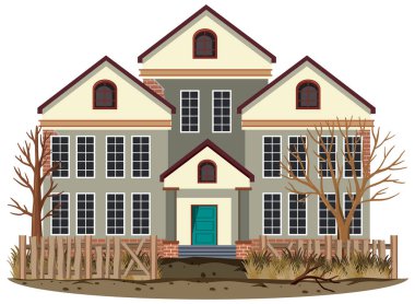 Beyaz arkaplanda terk edilmiş bir ev