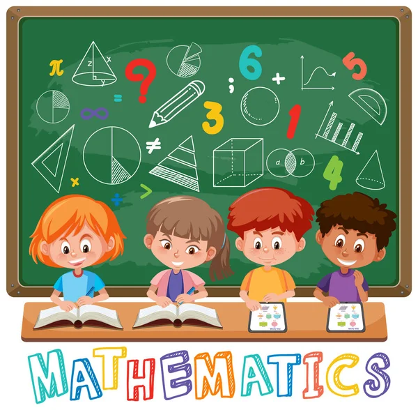 Niños Aprendiendo Matemáticas Con Símbolos Matemáticos Ilustración Iconos — Vector de stock
