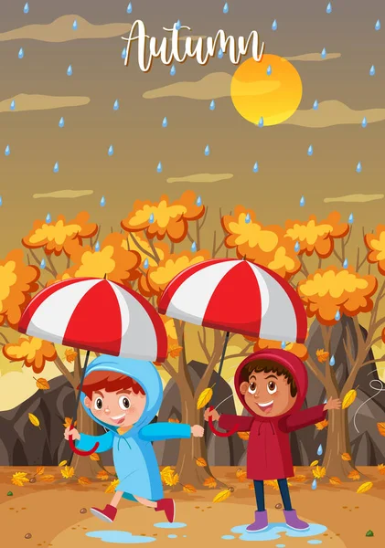 Raining Autumn Children Wear Raincoat Holding Umbrellas Illustration — Image vectorielle