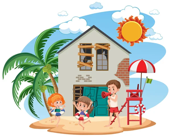 Lifeguard Watching Kids Beach Illustration — Stockvektor