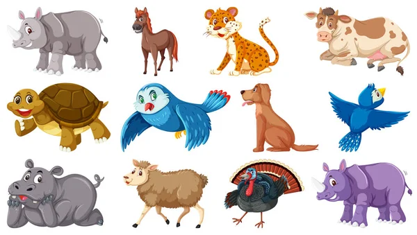 Conjunto Vários Animais Sobre Fundo Branco Ilustração —  Vetores de Stock